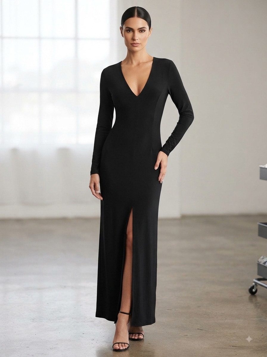 Vintage 90s Scott Mcclintock Black Long Sleeve V-Neck Maxi Dress Front Slit 12